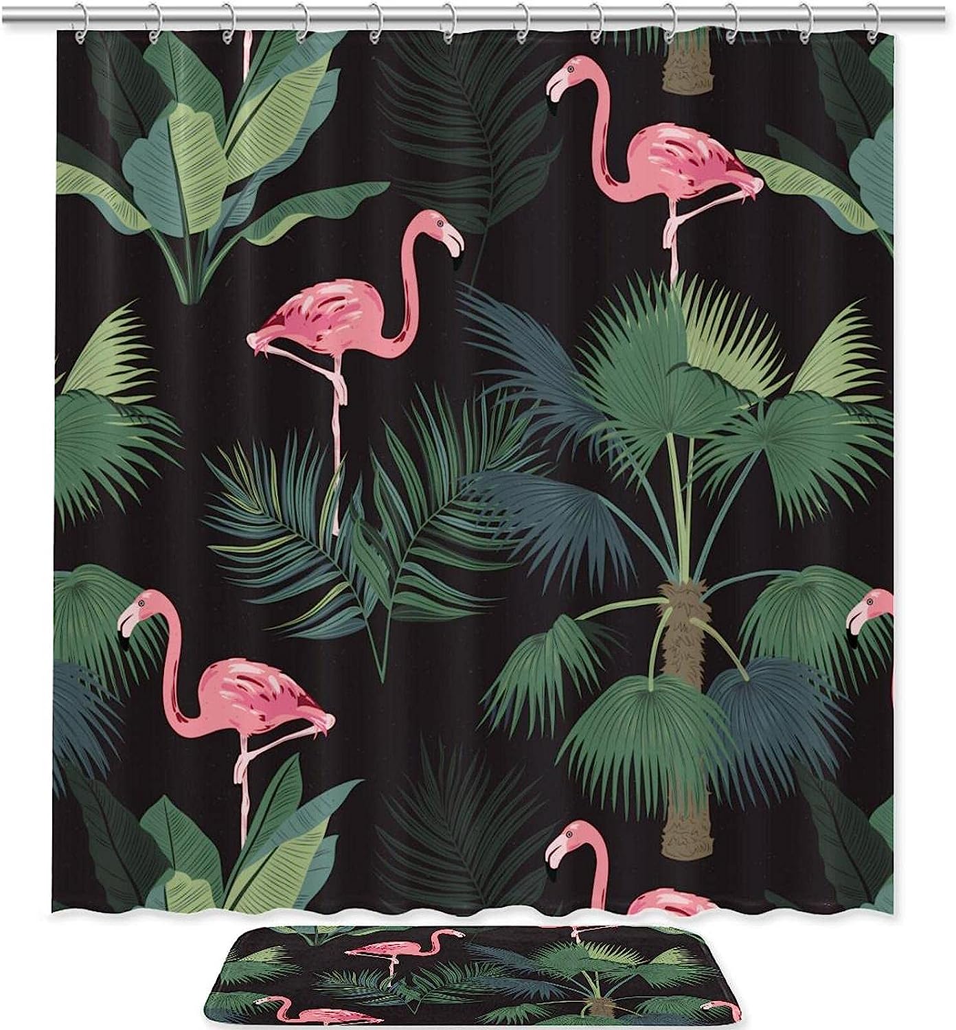 Waterproof Fabric Shower Curtain In Tropical Leaves Design With A Splash Of Pink Flamingo, Perfect Bathroom Decor
