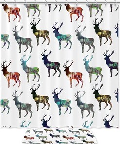 Waterproof Fabric Shower Curtain With Colorful Deer Graffiti Print, Perfect For Bathroom Decor