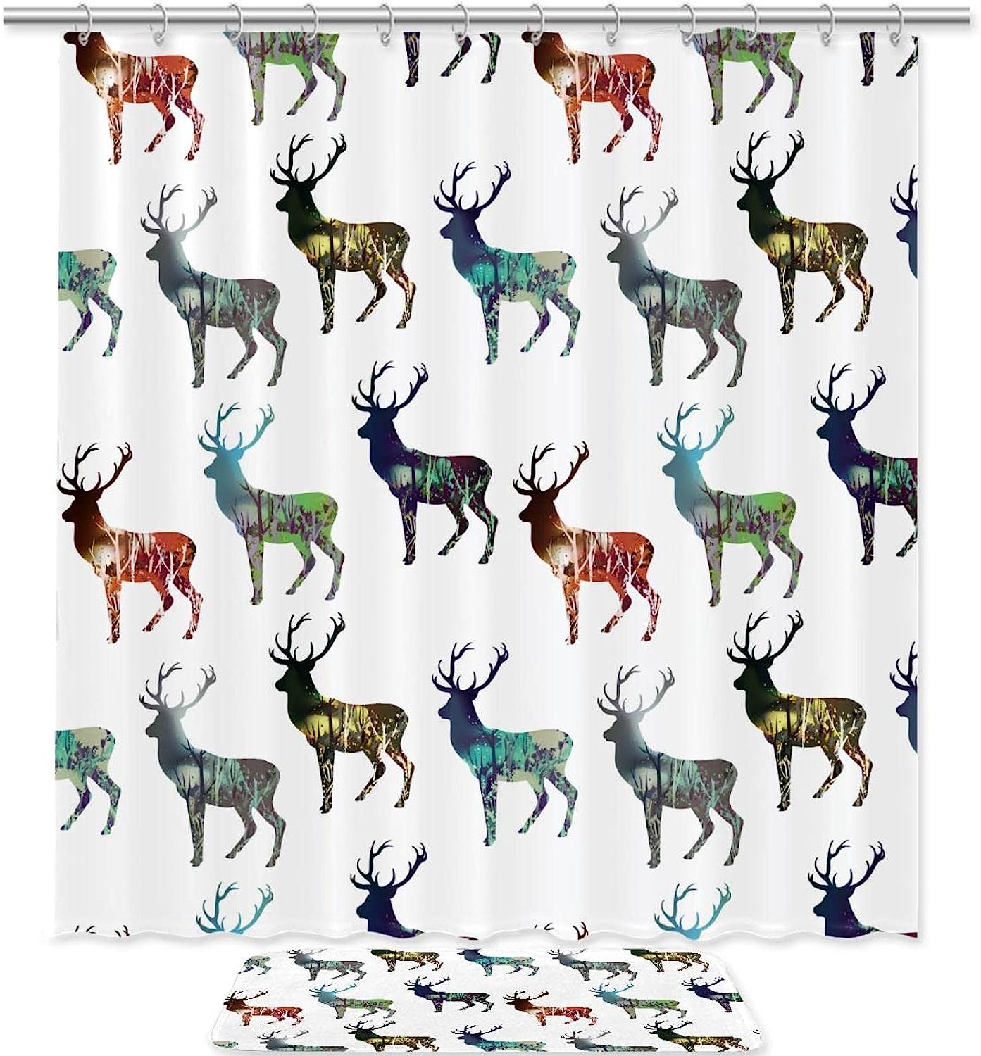 Waterproof Fabric Shower Curtain With Colorful Deer Graffiti Print, Perfect For Bathroom Decor