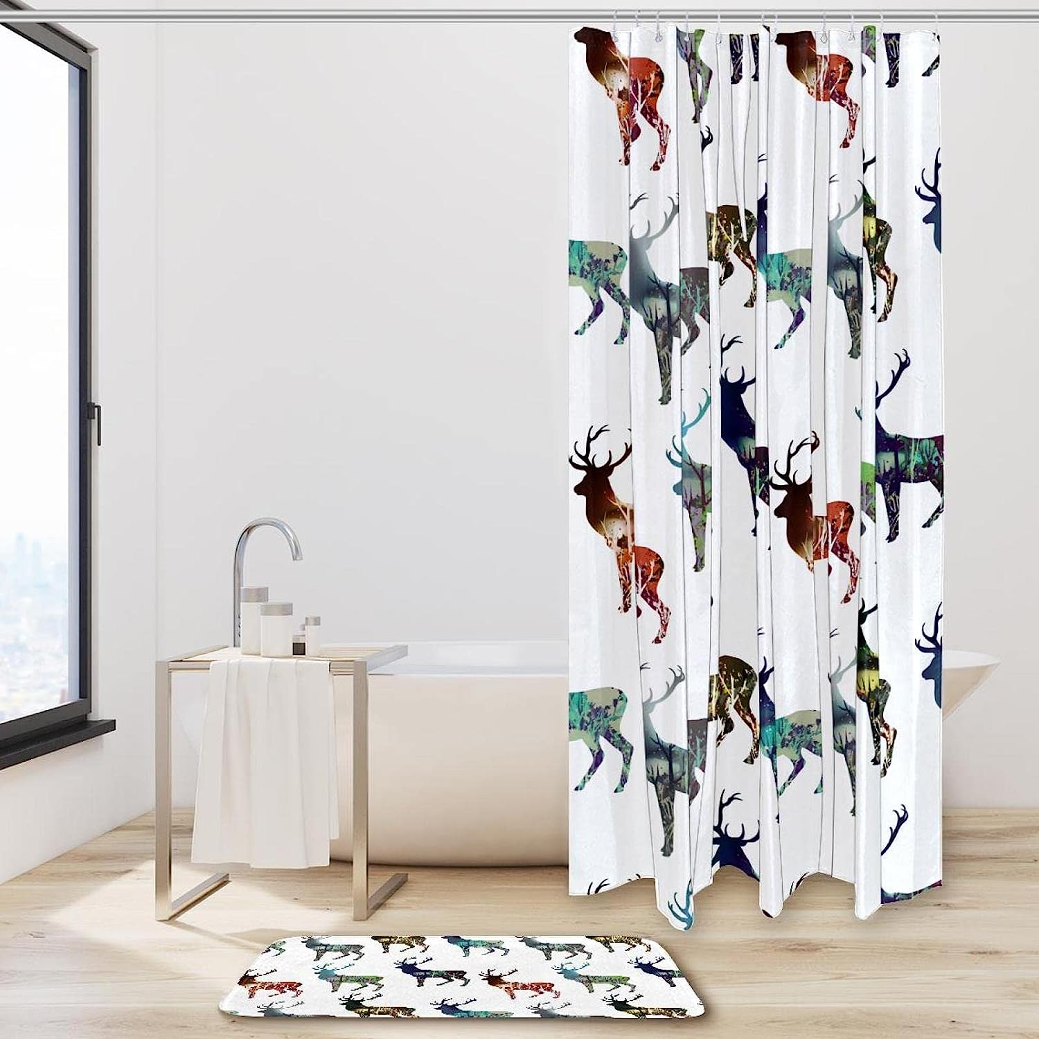 Waterproof Fabric Shower Curtain With Colorful Deer Graffiti Print, Perfect For Bathroom Decor - Image 2