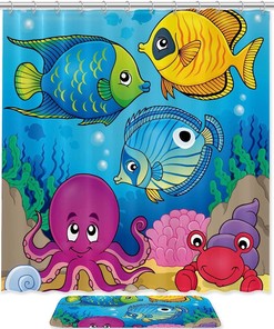 Waterproof Fabric Shower Curtain With Colorful Fish And Octopus Pattern