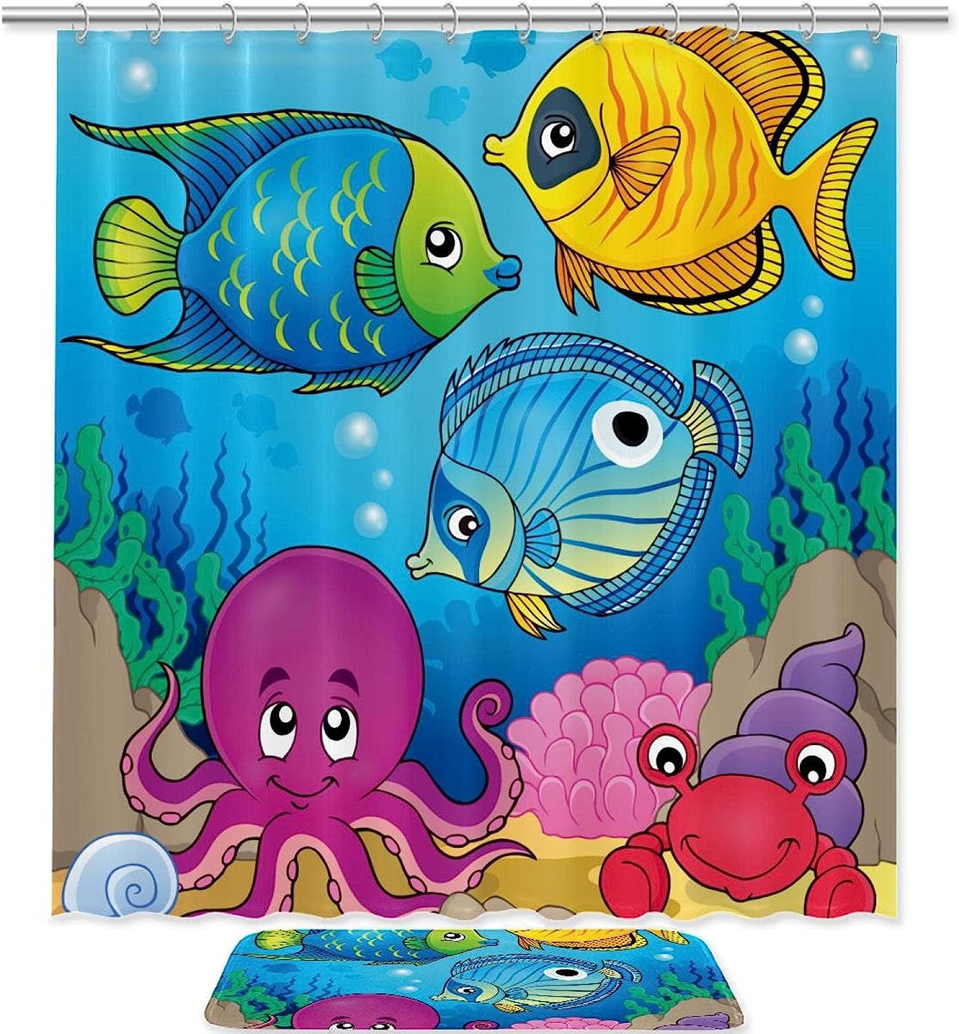 Waterproof Fabric Shower Curtain With Colorful Fish And Octopus Pattern