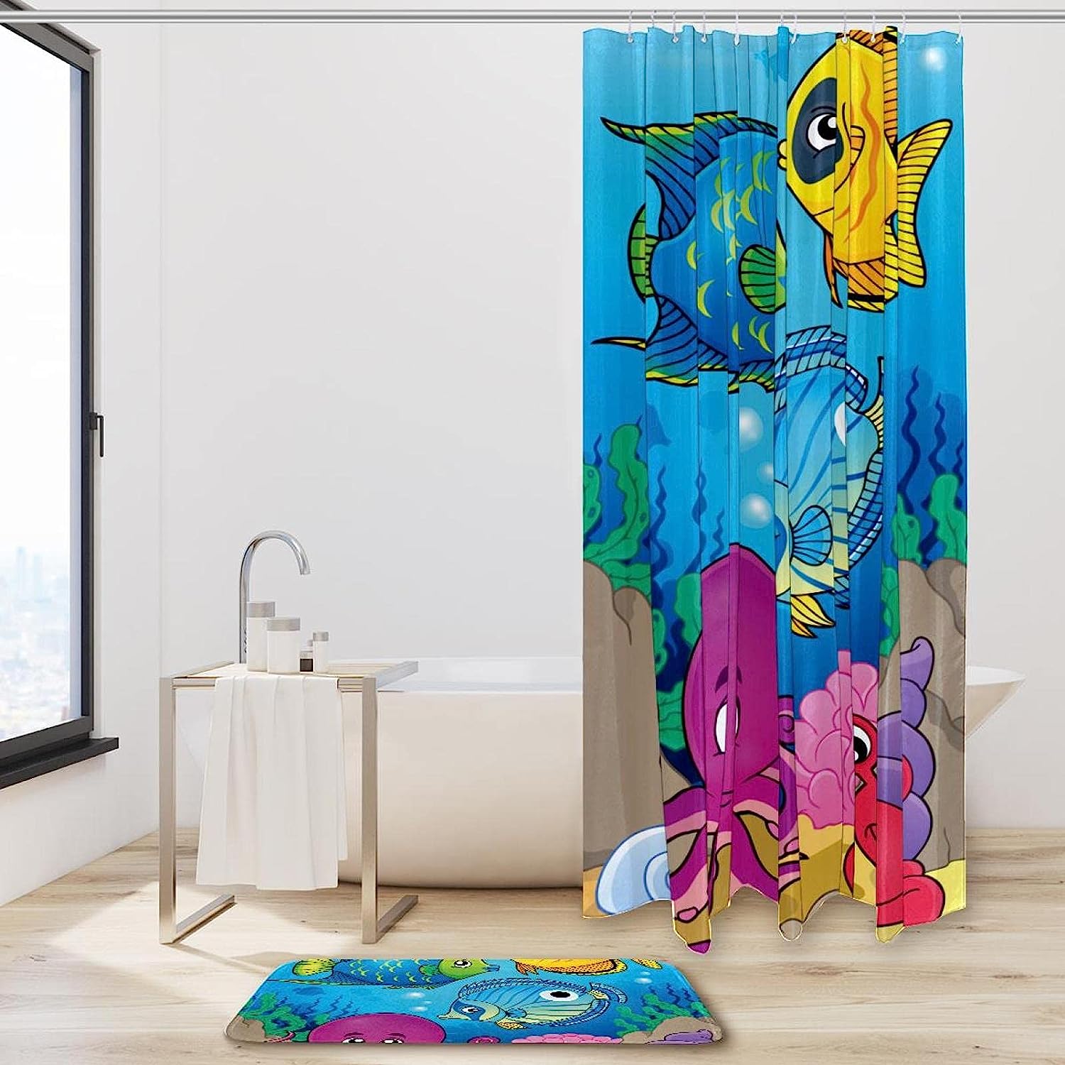 Waterproof Fabric Shower Curtain With Colorful Fish And Octopus Pattern - Image 2