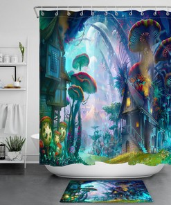 Waterproof Fabric Shower Curtain With Fairytale Magic Planet Giant Mushrooms Design