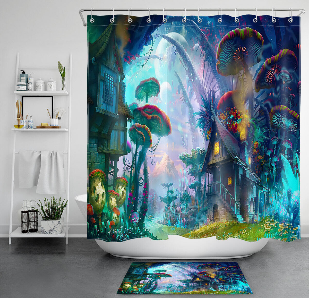 Waterproof Fabric Shower Curtain With Fairytale Magic Planet Giant Mushrooms Design
