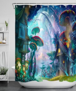 Waterproof Fabric Shower Curtain With Fairytale Magic Planet Giant Mushrooms Design