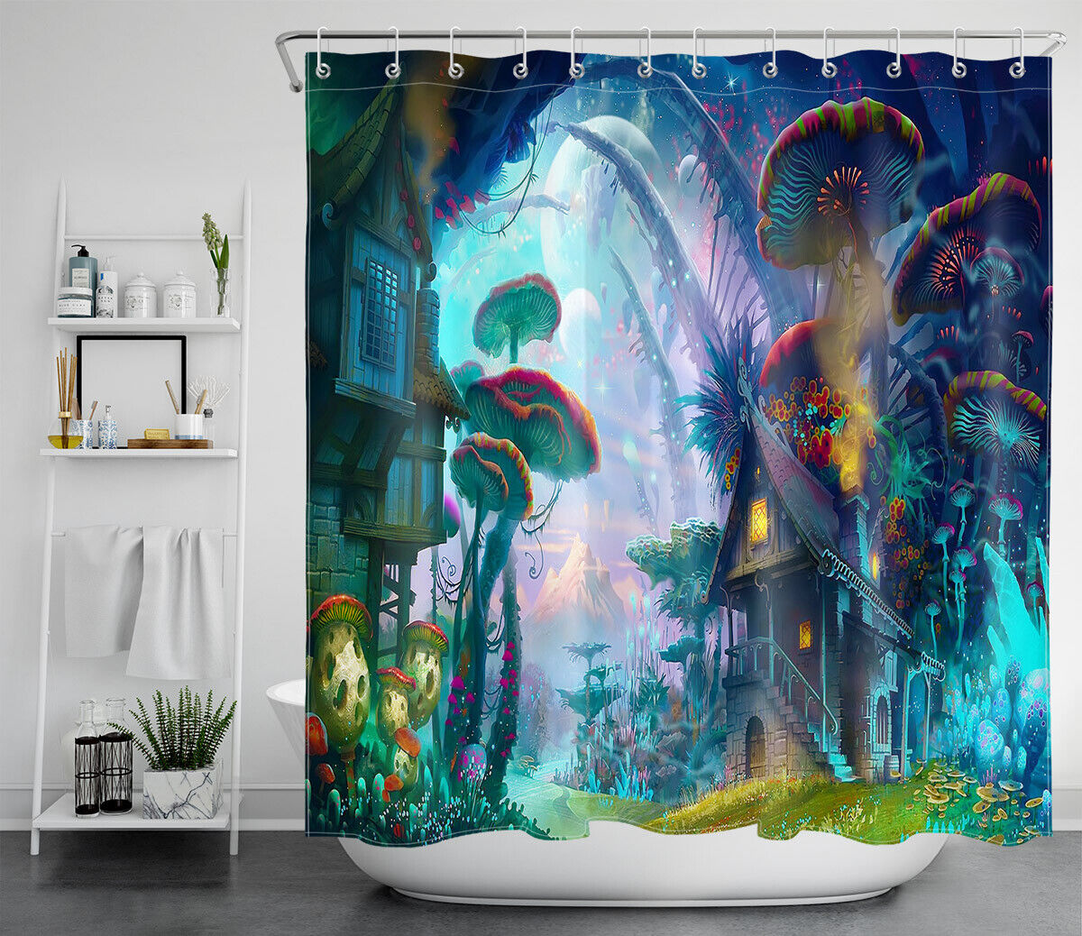 Waterproof Fabric Shower Curtain With Fairytale Magic Planet Giant Mushrooms Design