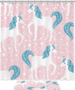Waterproof Fabric Shower Curtain With Funny Unicorns Print, Perfect Bathroom Decor Idea For Mythical Lovers 