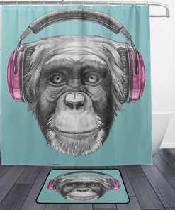 Waterproof Fabric Shower Curtain with Monkey and Headphones - Modern Art Bathroom Decoration