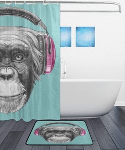 Waterproof Fabric Shower Curtain with Monkey and Headphones - Modern Art Bathroom Decoration