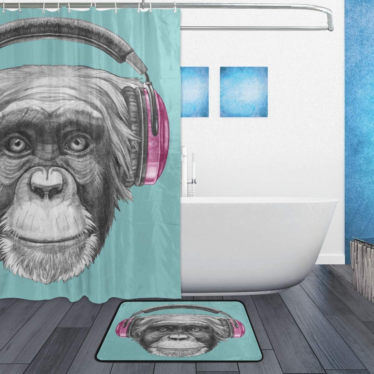Waterproof Fabric Shower Curtain with Monkey and Headphones - Modern Art Bathroom Decoration