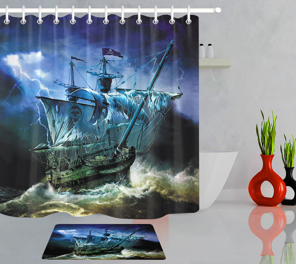 Waterproof Fabric Shower Curtain with Pirate Ghost Ship Print