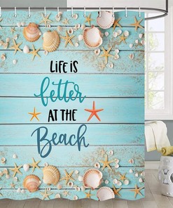 Waterproof Fabric Shower Curtain with Seashell and Starfish Design for Summer Beach Bathroom Decor