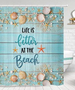 Waterproof Fabric Shower Curtain with Seashell and Starfish Design for Summer Beach Bathroom Decor