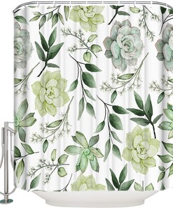 Waterproof Fabric Shower Curtain with Summer Green Plant Leaves and Succulent Print for Bathroom