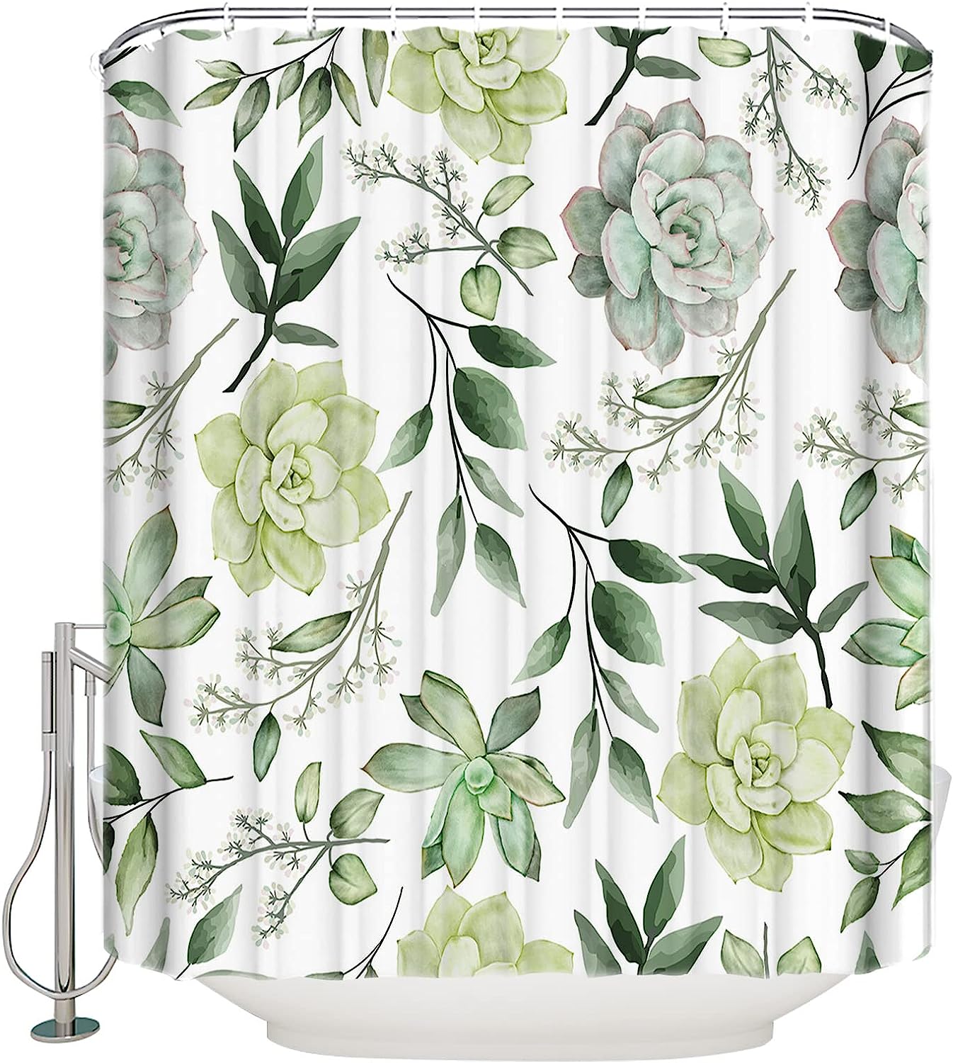 Waterproof Fabric Shower Curtain with Summer Green Plant Leaves and Succulent Print for Bathroom