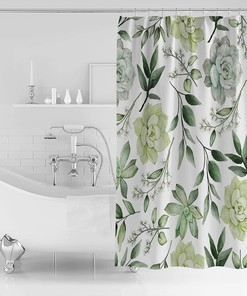 Waterproof Fabric Shower Curtain with Summer Green Plant Leaves and Succulent Print for Bathroom