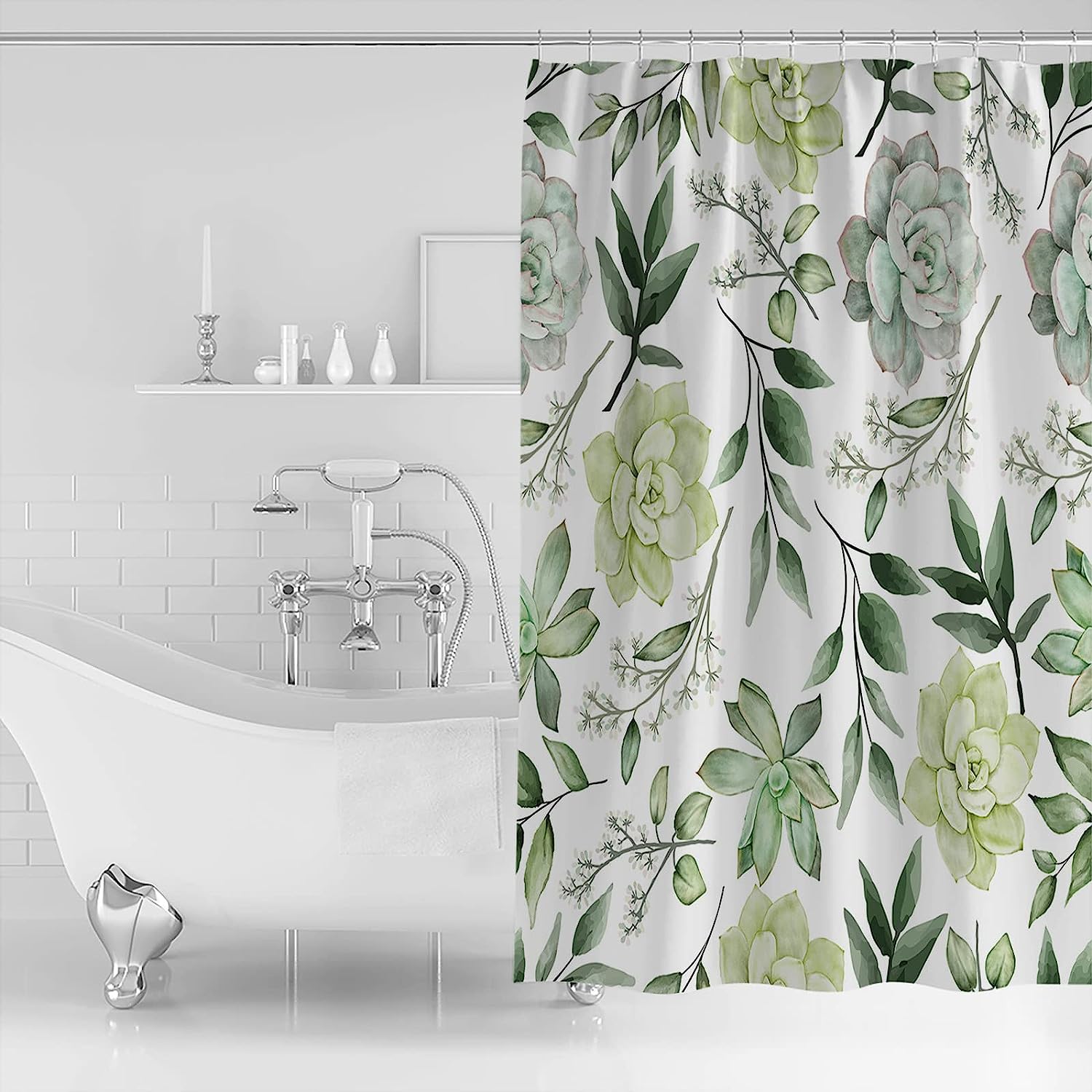 Waterproof Fabric Shower Curtain with Summer Green Plant Leaves and Succulent Print for Bathroom