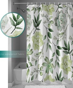 Waterproof Fabric Shower Curtain with Summer Green Plant Leaves and Succulent Print for Bathroom