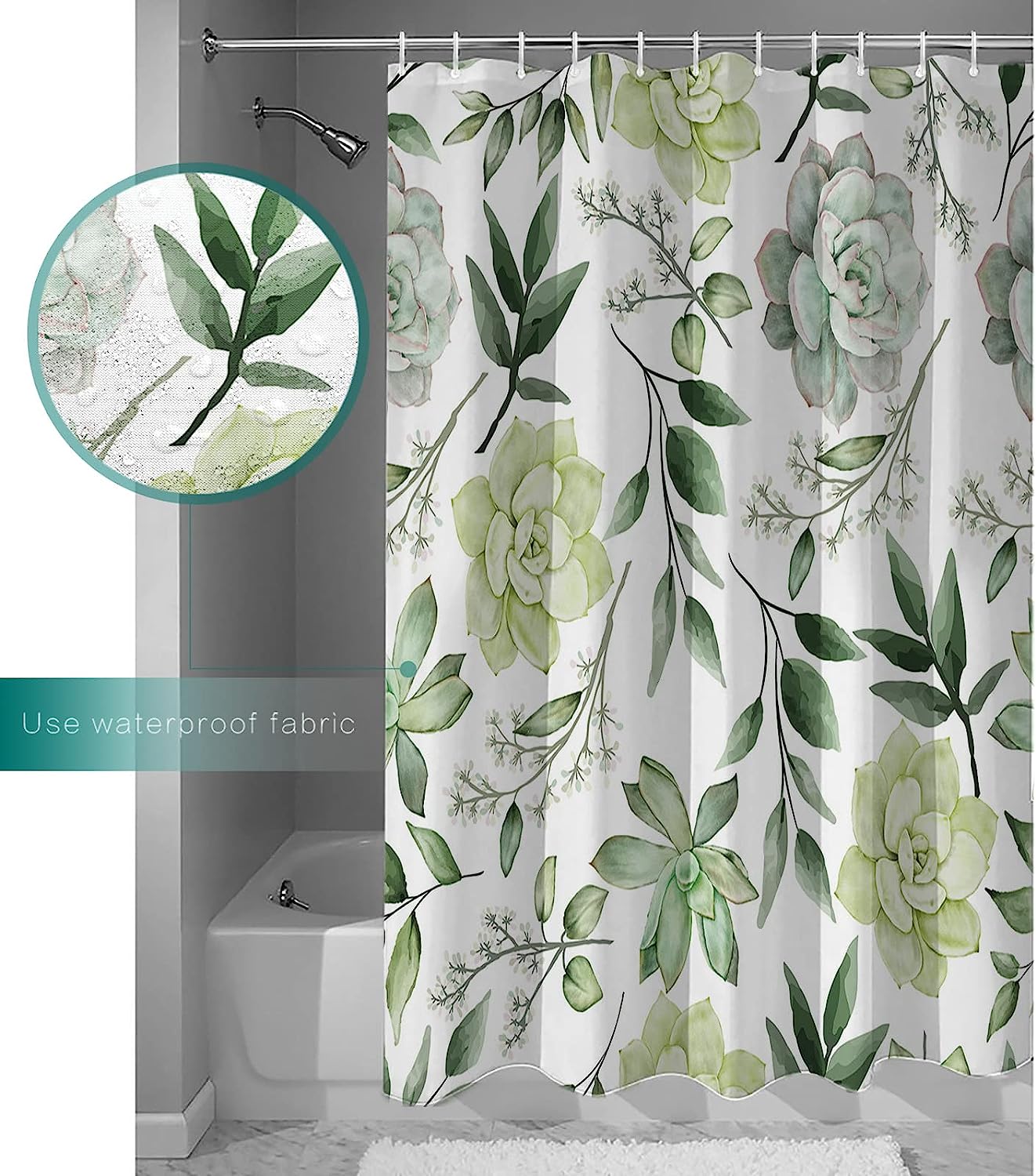 Waterproof Fabric Shower Curtain with Summer Green Plant Leaves and Succulent Print for Bathroom