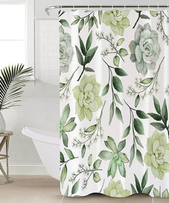 Waterproof Fabric Shower Curtain with Summer Green Plant Leaves and Succulent Print for Bathroom