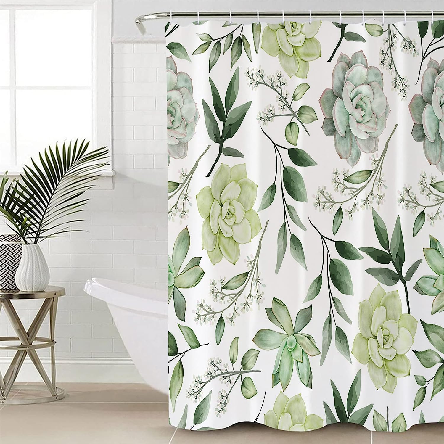 Waterproof Fabric Shower Curtain with Summer Green Plant Leaves and Succulent Print for Bathroom
