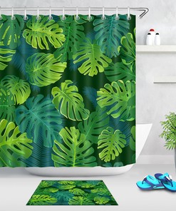 Waterproof Fabric Shower Curtain with Tropical Palm and Monstera Leaves Design, Vintage Bathroom Shower Curtains 