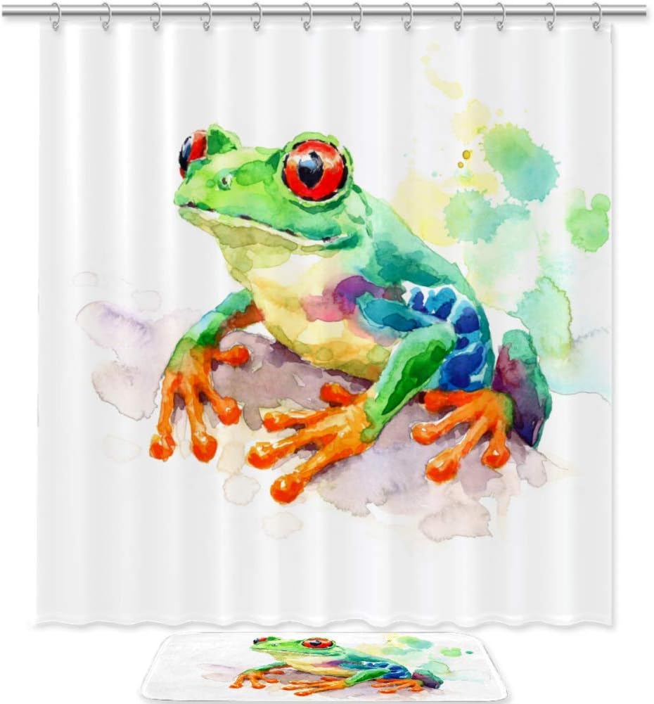 Waterproof Fabric Shower Curtain with Watercolor Red-Eyed Green Tree Frog for Nature-inspired Bathroom Decor
