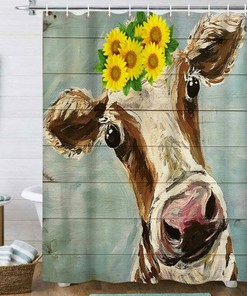 Waterproof Fabric Sunflower Shower Curtain, Artistic Cattle Picture Design, Bath Decor Bathroom Curtain