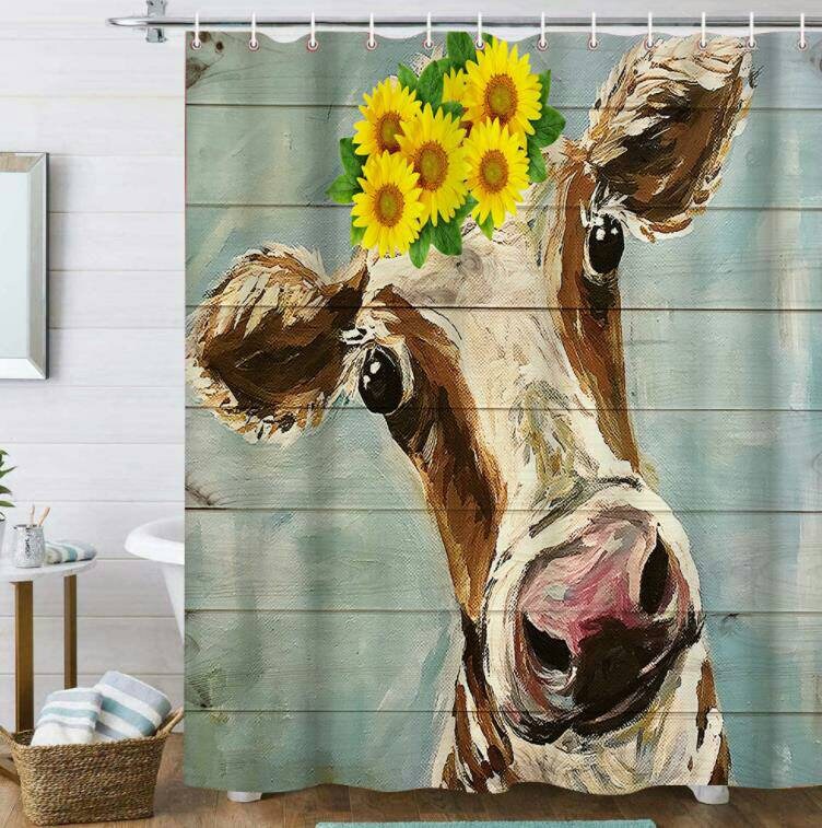 Waterproof Fabric Sunflower Shower Curtain, Artistic Cattle Picture Design, Bath Decor Bathroom Curtain