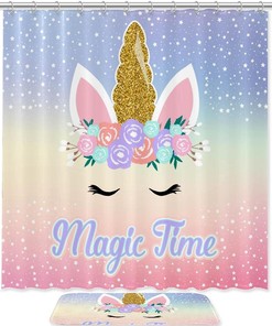 Waterproof Fabric and Enchanting Magic Unicorn with Moon Flower Shower Curtain for Your Bathroom. 