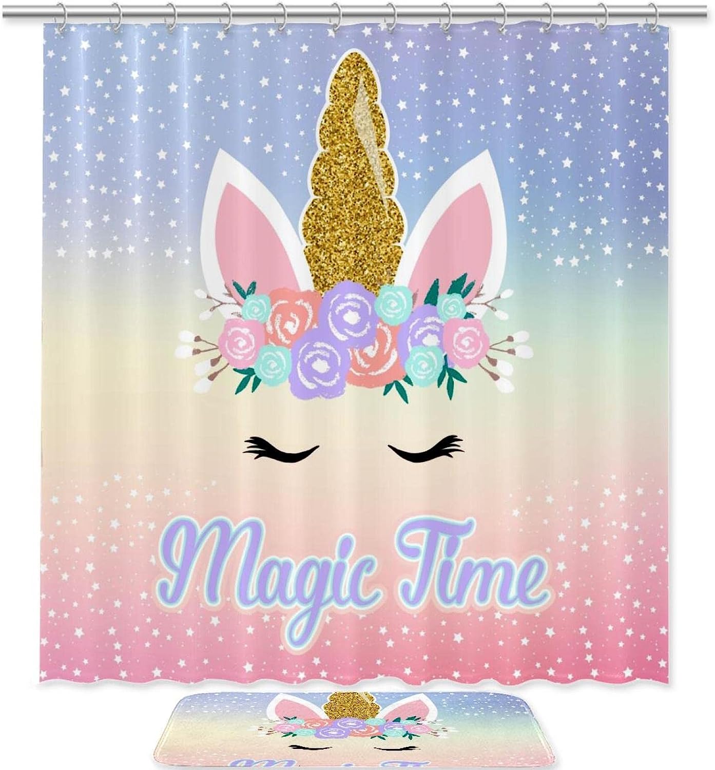Waterproof Fabric and Enchanting Magic Unicorn with Moon Flower Shower Curtain for Your Bathroom.