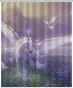 Waterproof Fabric with Magic Unicorns Print - Perfect for Adding a Whimsical Touch to Your Bathroom Decor. 