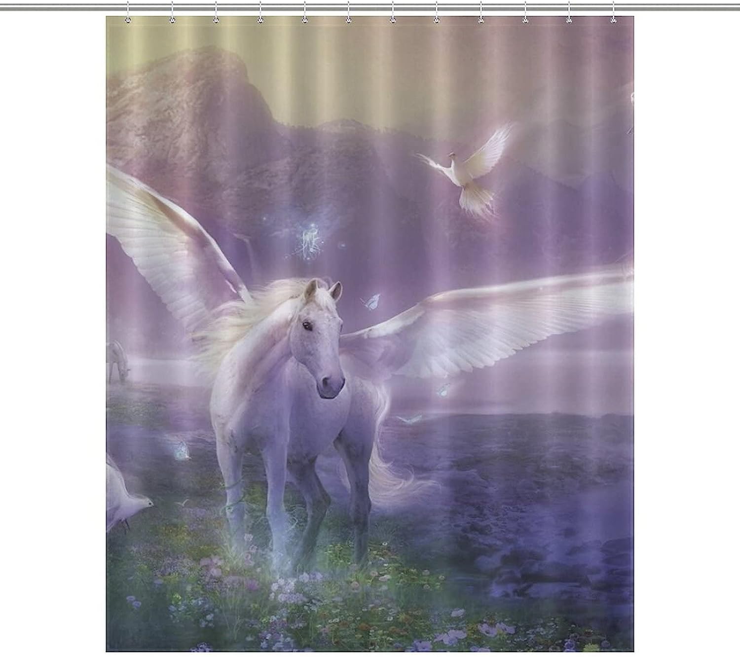 Waterproof Fabric with Magic Unicorns Print - Perfect for Adding a Whimsical Touch to Your Bathroom Decor.
