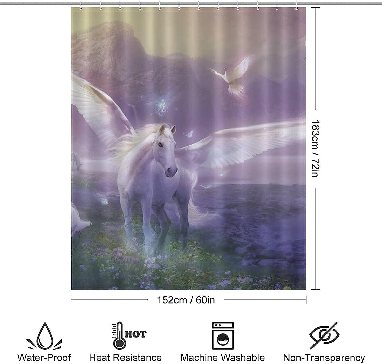 Waterproof Fabric with Magic Unicorns Print - Perfect for Adding a Whimsical Touch to Your Bathroom Decor.