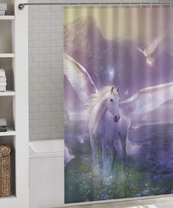 Waterproof Fabric with Magic Unicorns Print - Perfect for Adding a Whimsical Touch to Your Bathroom Decor.
