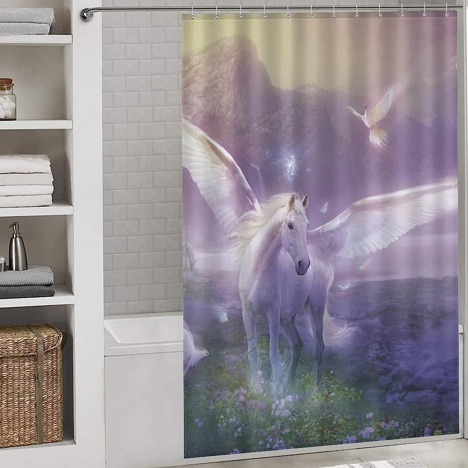 Waterproof Fabric with Magic Unicorns Print - Perfect for Adding a Whimsical Touch to Your Bathroom Decor.