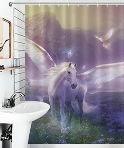 Waterproof Fabric with Magic Unicorns Print - Perfect for Adding a Whimsical Touch to Your Bathroom Decor.