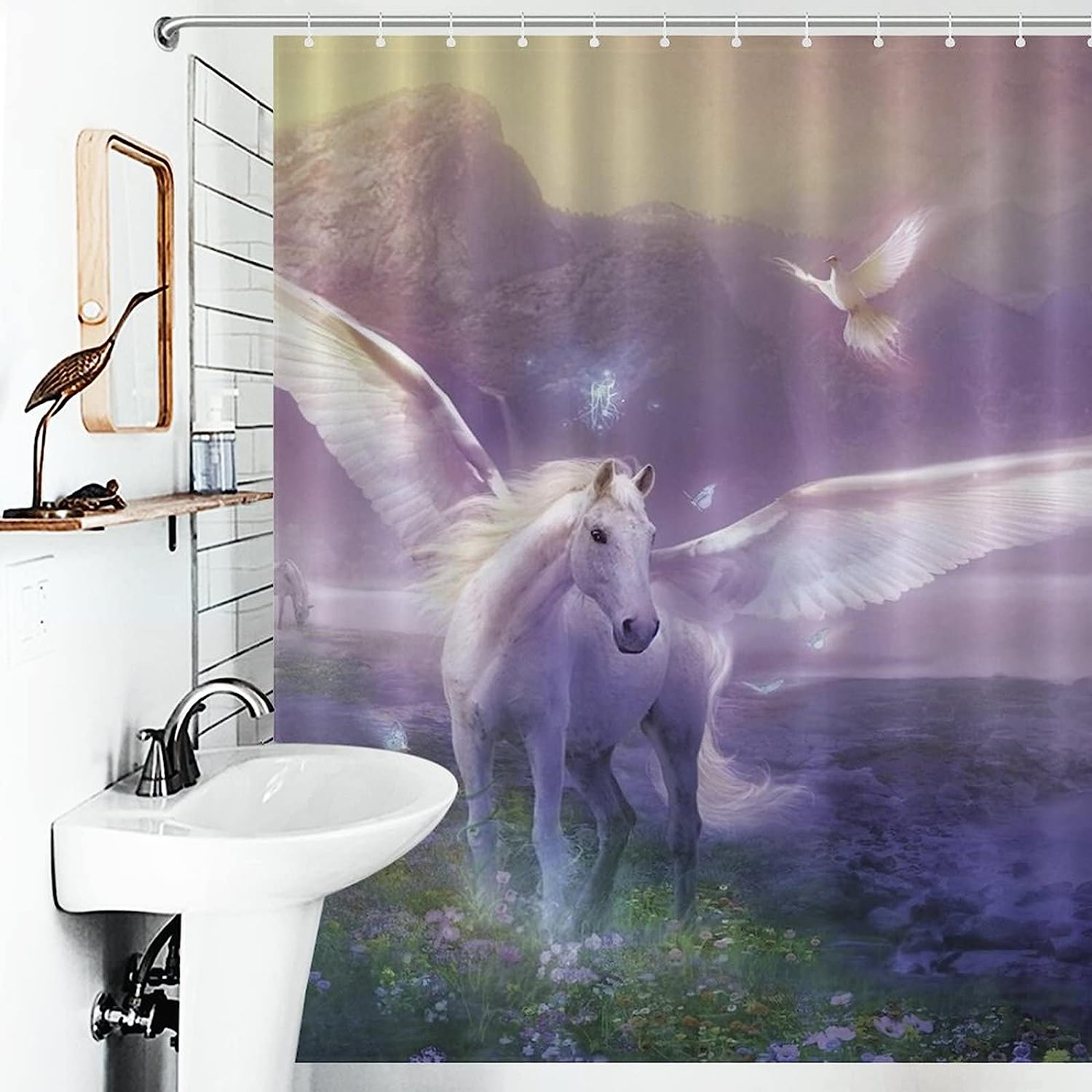 Waterproof Fabric with Magic Unicorns Print - Perfect for Adding a Whimsical Touch to Your Bathroom Decor.