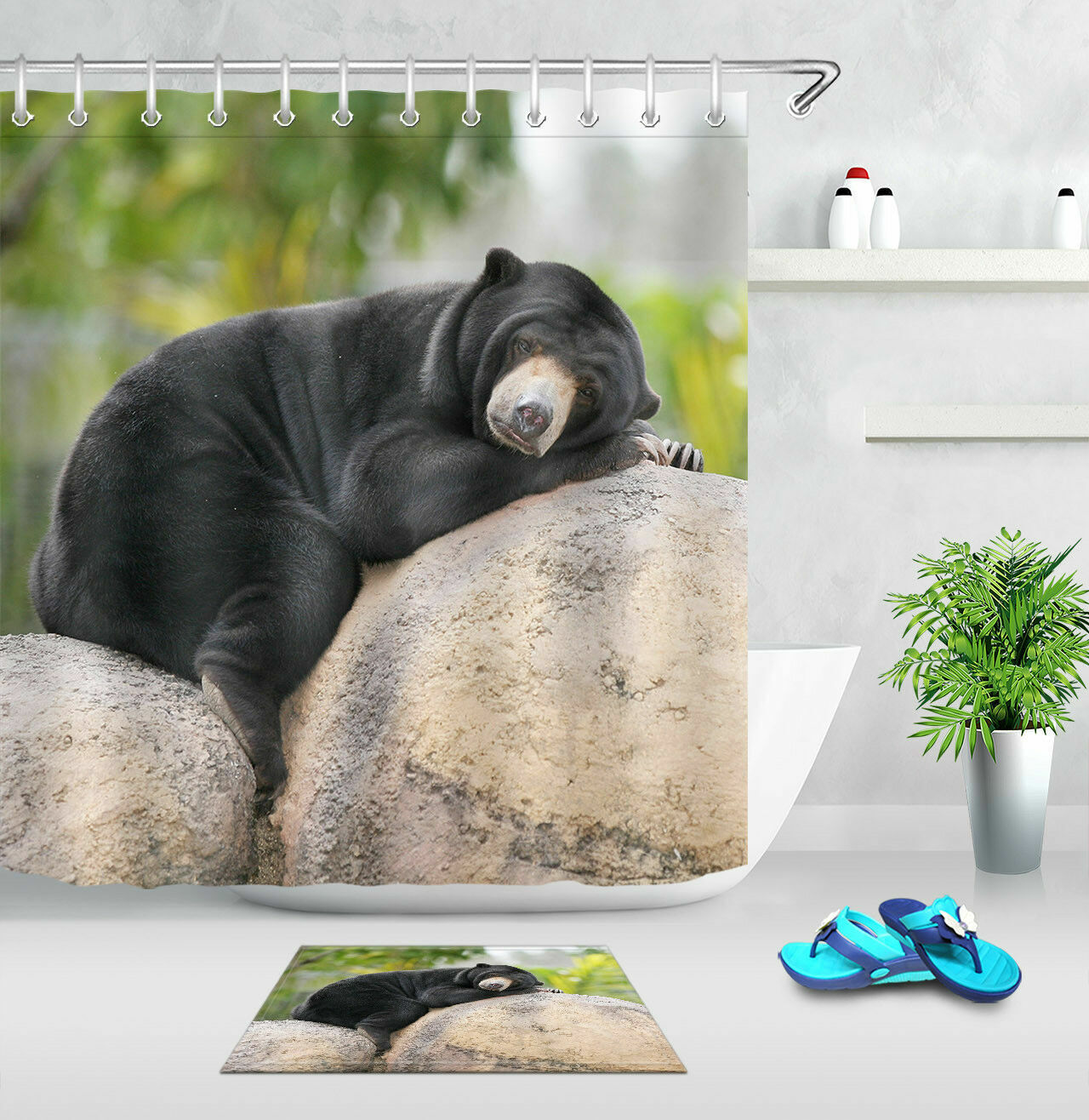 Waterproof Forest Animals Shower Curtain For Bathroom Decor, Featuring Funny Sleeping Bear Print