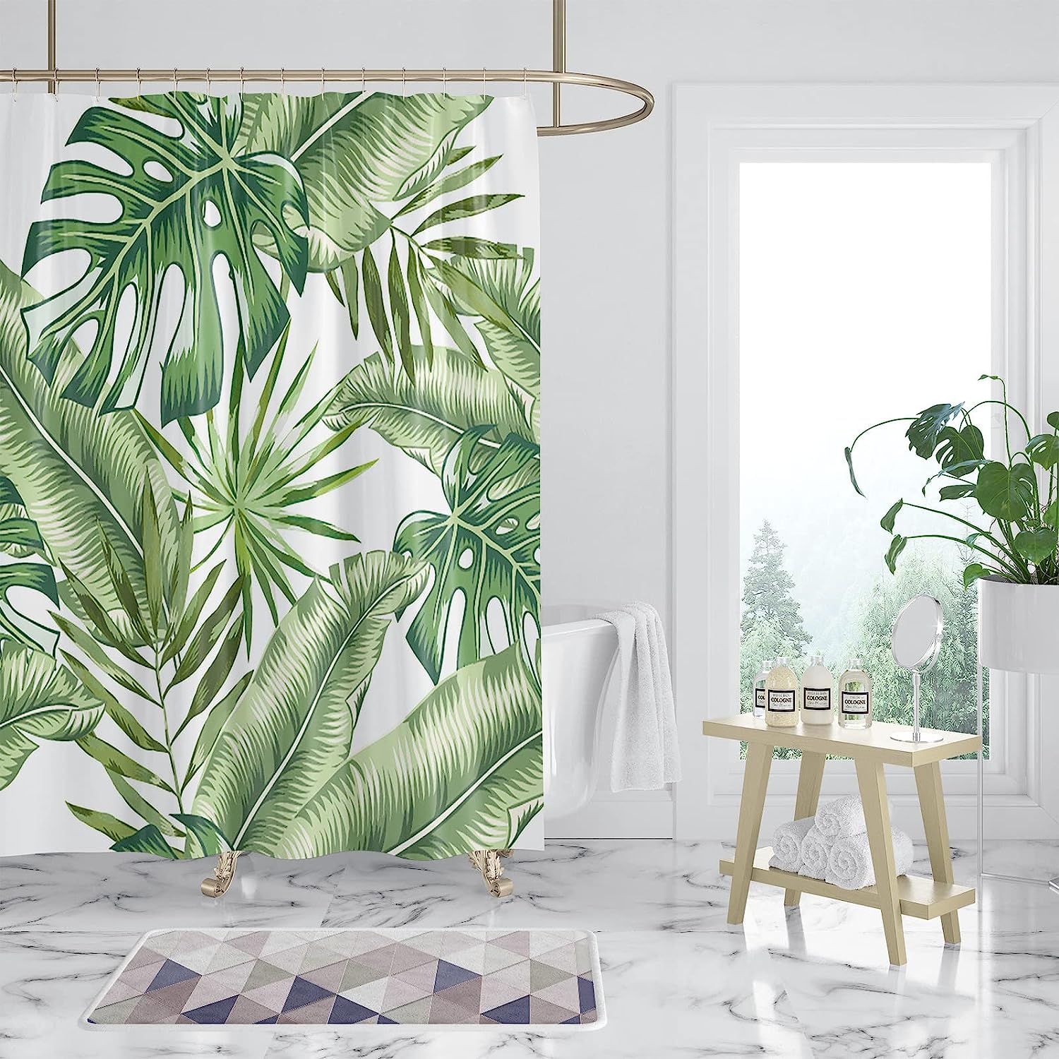 Waterproof Green Tropical Plants Design Bathtubs Curtain for Refreshing Bathroom Decor