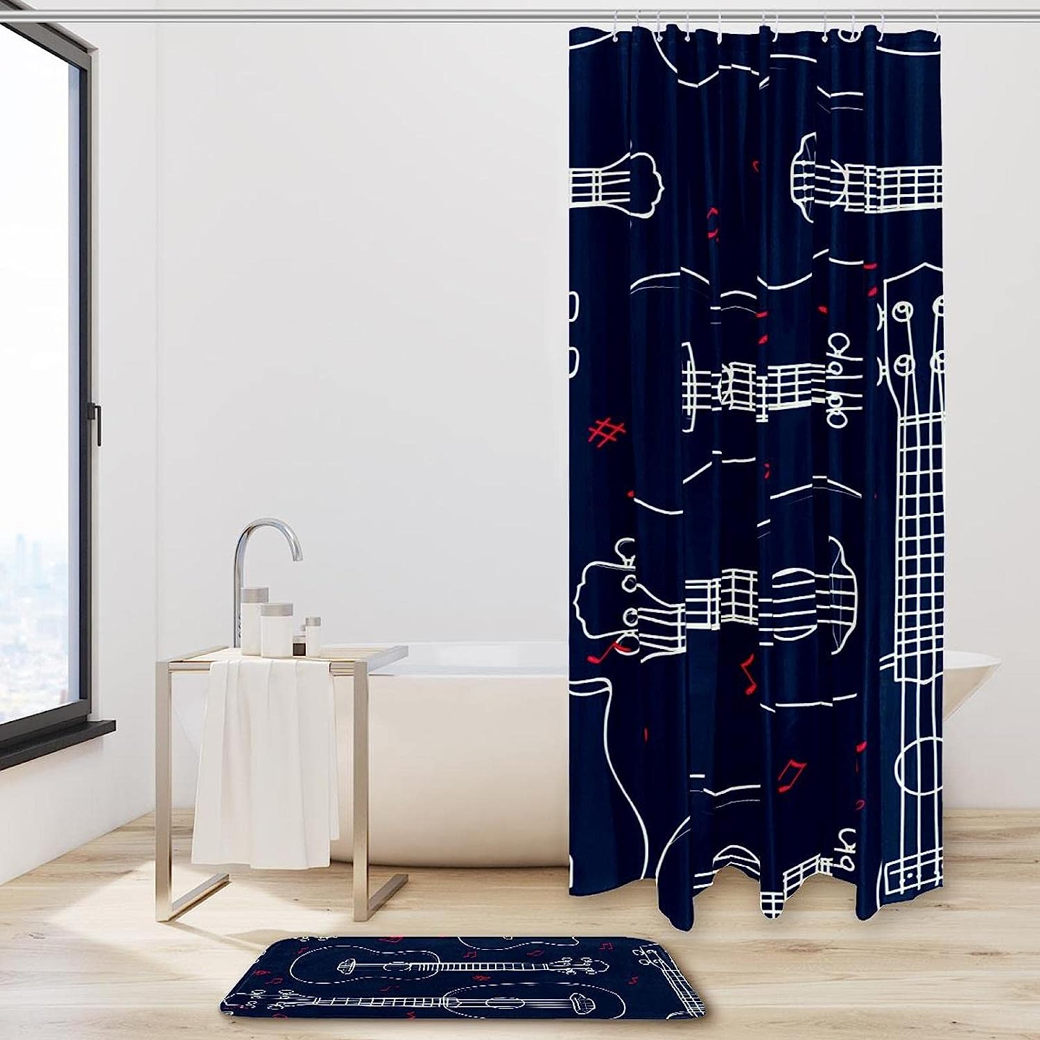 Waterproof Hawaiian Ukulele Outline Shower Curtain For Musical Bath