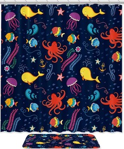 Waterproof Lighthouse Pirate Ship Shower Curtain - Ocean Theme Bathroom Curtain for Multi-Size Bathrooms