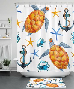 Waterproof Marine Life Sea Turtle Starfish Crab Anchor Fabric Shower Curtain