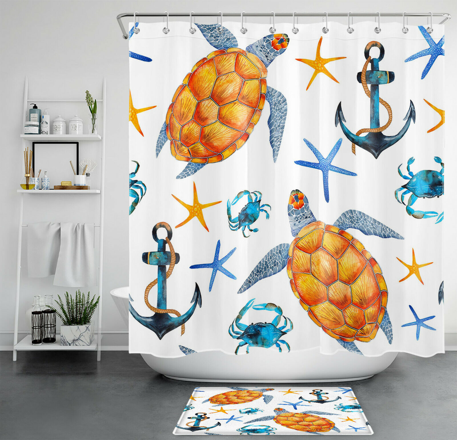 Waterproof Marine Life Sea Turtle Starfish Crab Anchor Fabric Shower Curtain