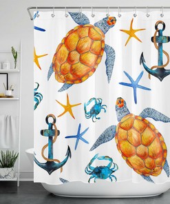 Waterproof Marine Life Sea Turtle Starfish Crab Anchor Fabric Shower Curtain