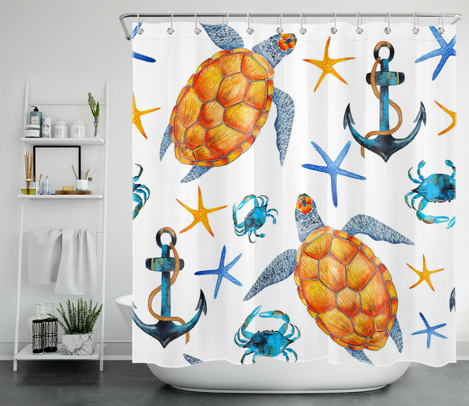 Waterproof Marine Life Sea Turtle Starfish Crab Anchor Fabric Shower Curtain