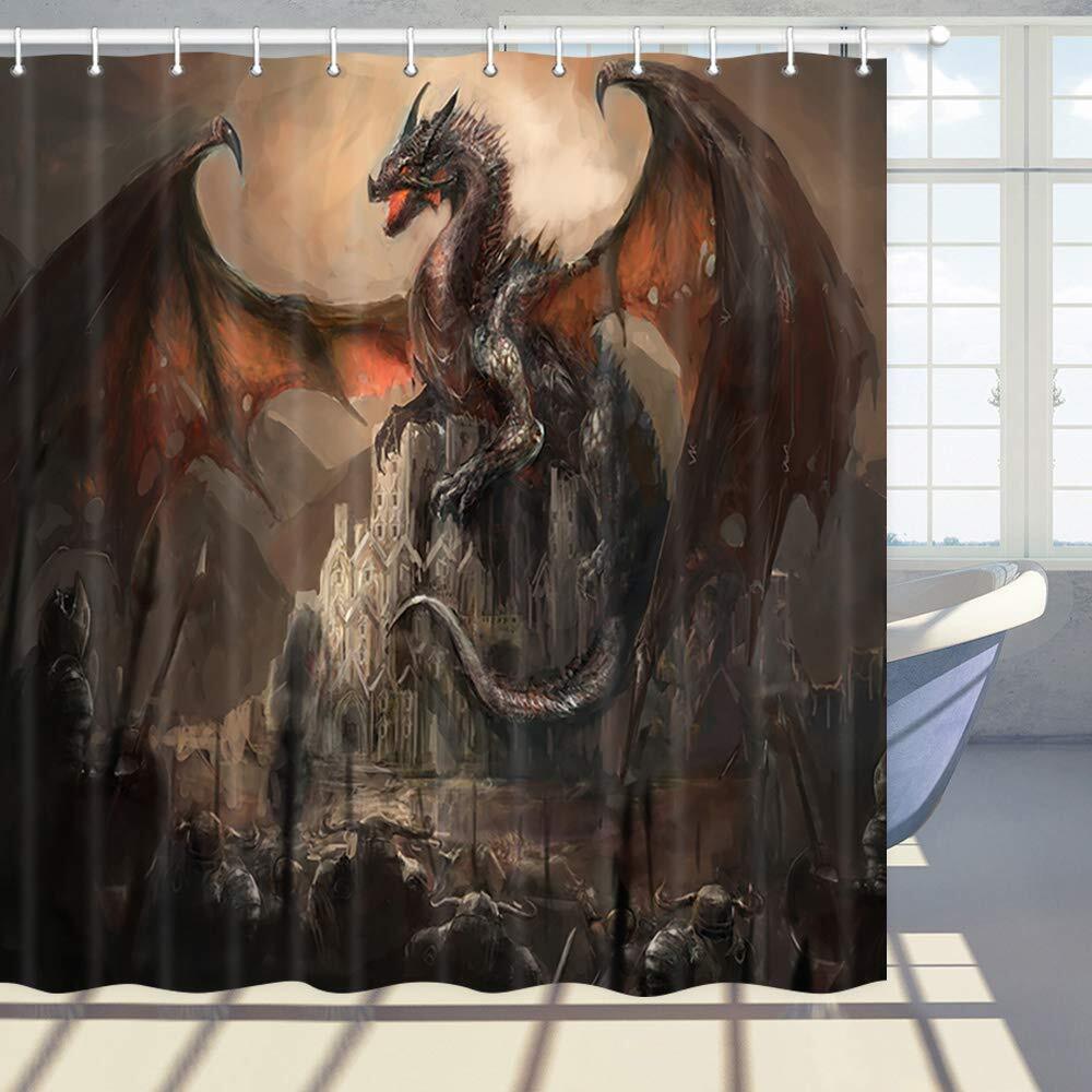 Waterproof Medieval Black Dragon Fabric Shower Curtain for Anime Bath Decor