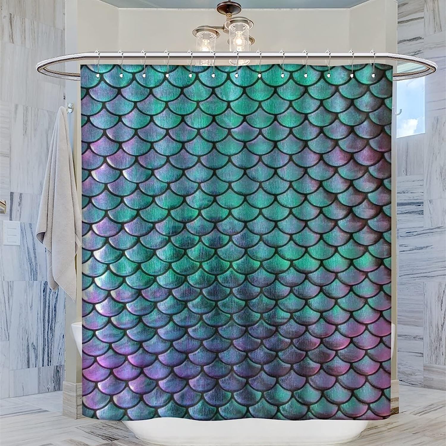 Waterproof Mermaid Shower Curtain with Beautiful Mermaid Theme - Cloth Fabric Bathroom Decoration Set Hook