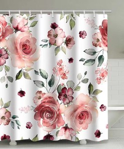 Waterproof Modern Fabric Bathroom Shower Curtain with Red and White Rose Flowers